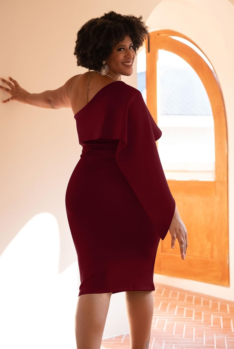 GOBLES Women's Summer Sexy One Shoulder Ruffle Bodycon Midi Cocktail Dress Burgundy - Image 3